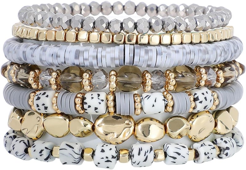 GOOJIDS Surfer Heishi Clay Bead Bracelets for Women Bohemian Stackable Gold Plated Beaded Stretch Bracelets Elastic Layering Friendship Bracelets Set Boho Jewelry - Image 1